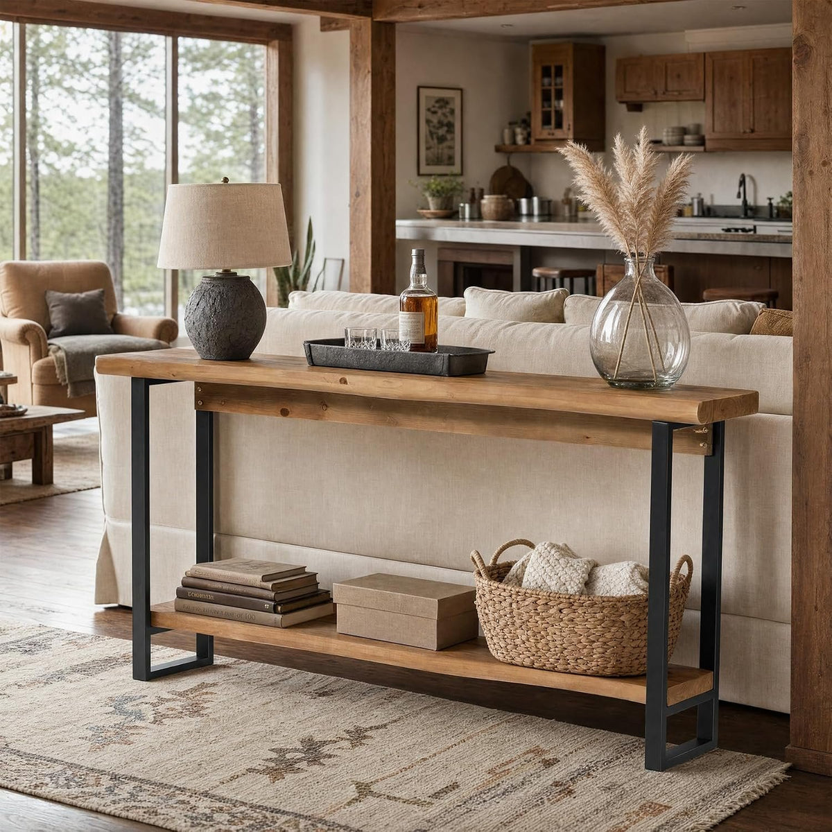 160 cm Solid Wood Console Table, Live Edge 2 Tier Entryway Table