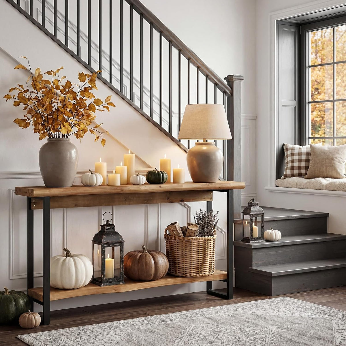 160 cm Solid Wood Console Table, Live Edge 2 Tier Entryway Table