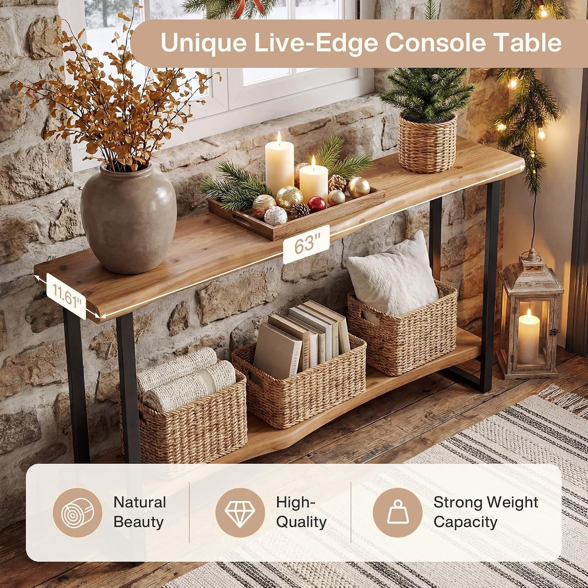 160 cm Solid Wood Console Table, Live Edge 2 Tier Entryway Table