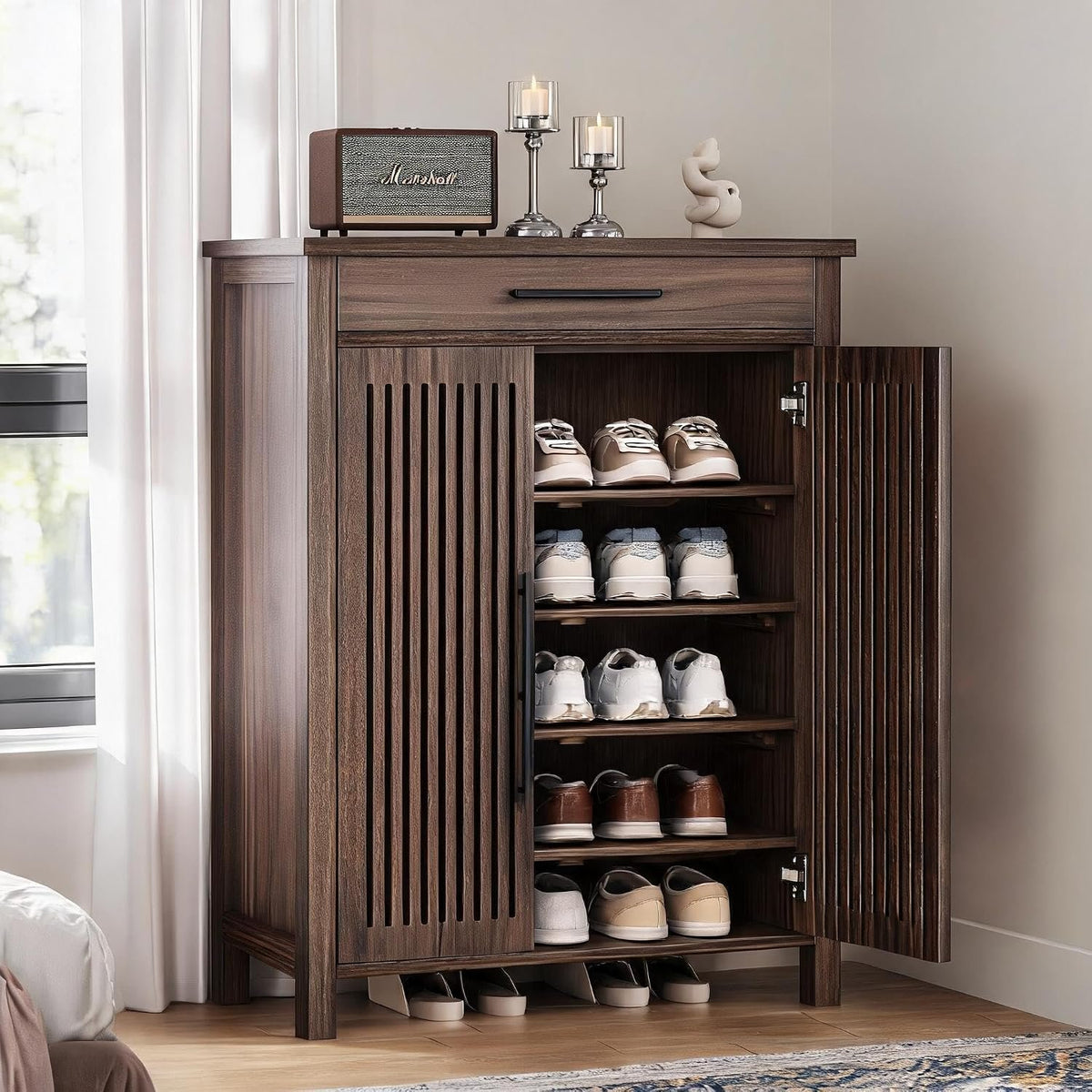 Farmhouse Shoe Cabinet with 5 Adjustable Shelves & Drawer