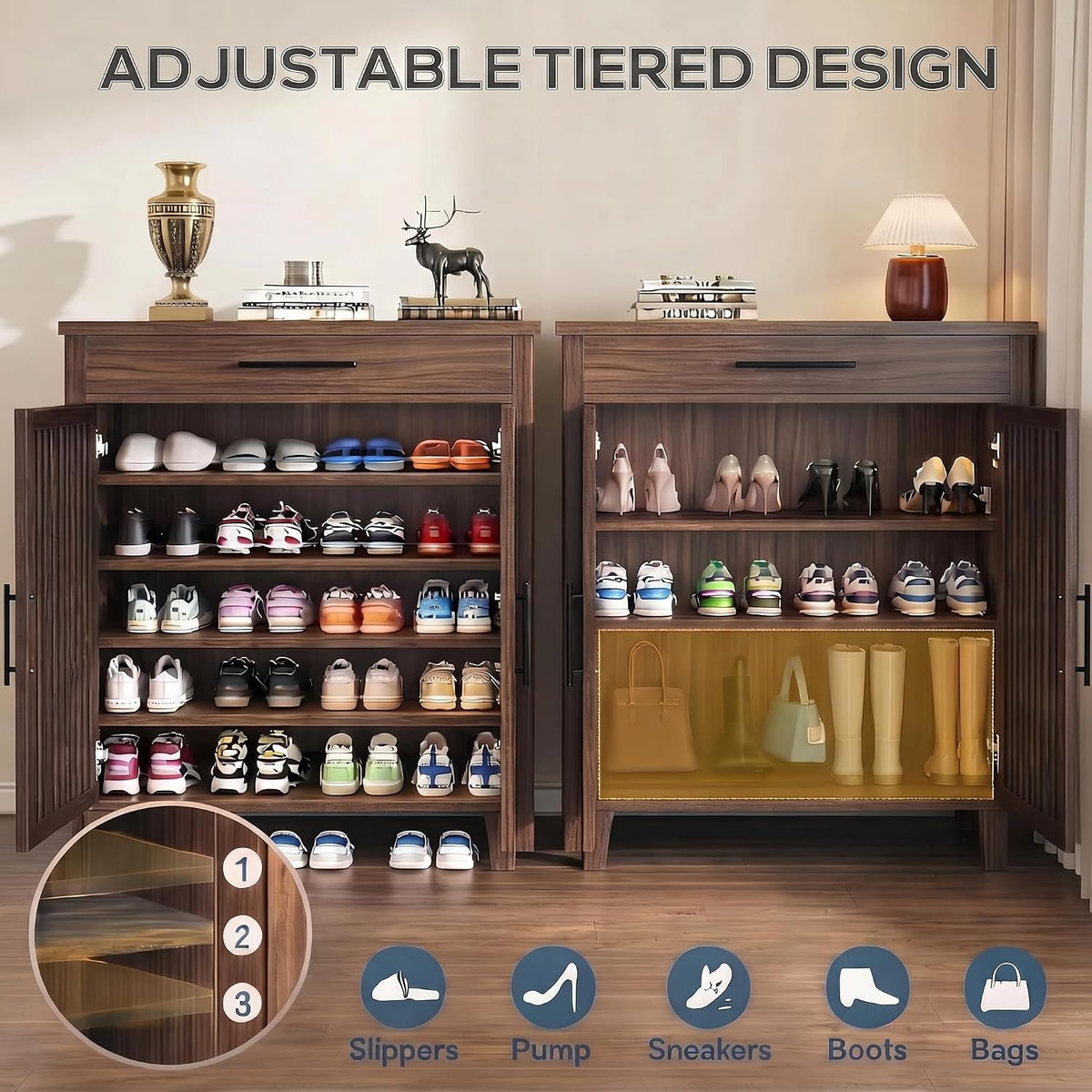 Farmhouse Shoe Cabinet with 5 Adjustable Shelves & Drawer