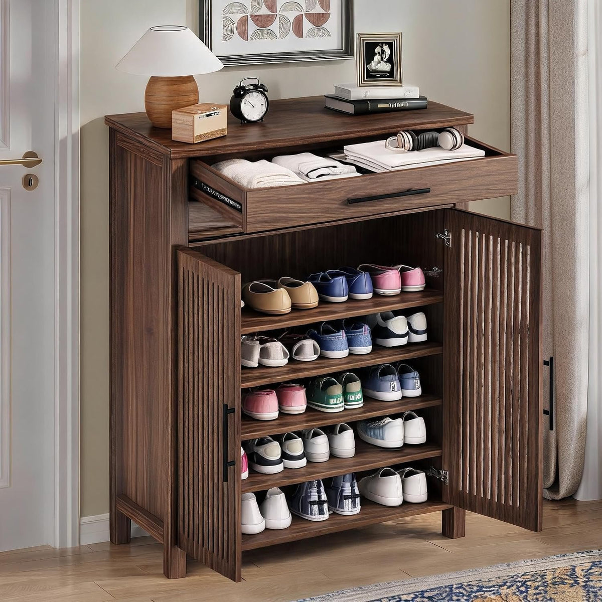 Farmhouse Shoe Cabinet with 5 Adjustable Shelves & Drawer