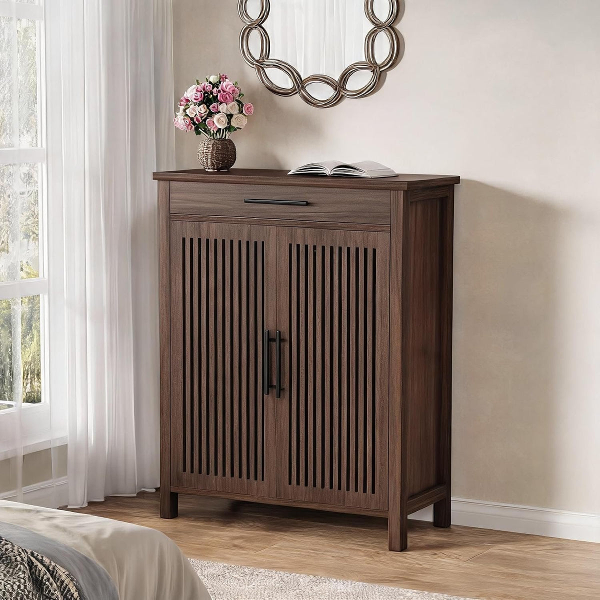 Farmhouse Shoe Cabinet with 5 Adjustable Shelves & Drawer