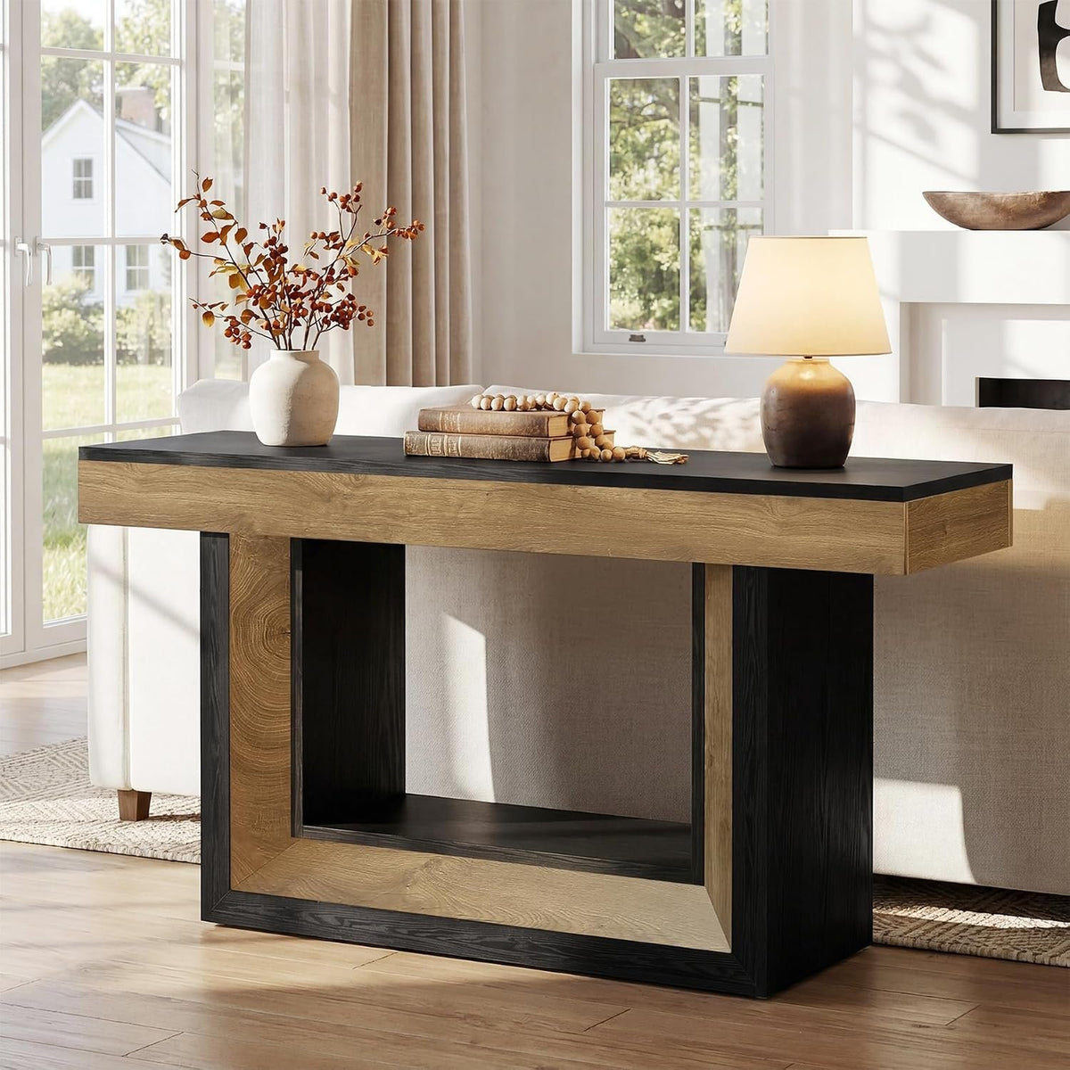 160 cm Black Console Table with 2-Tier Storage, Natural Wood Look