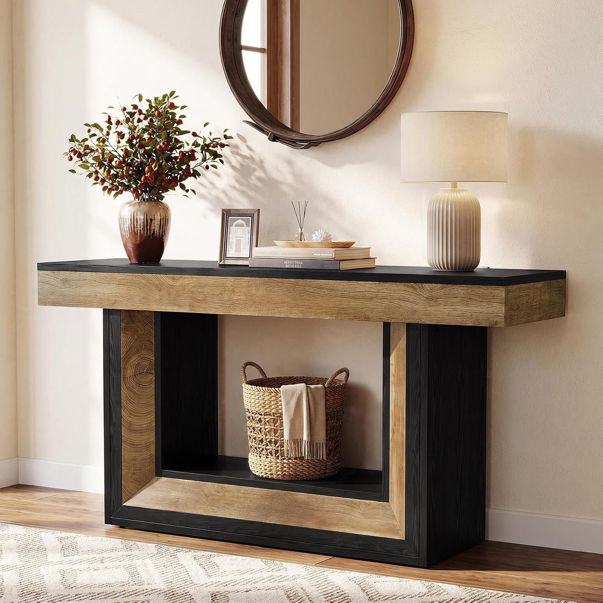 160 cm Black Console Table with 2-Tier Storage, Natural Wood Look