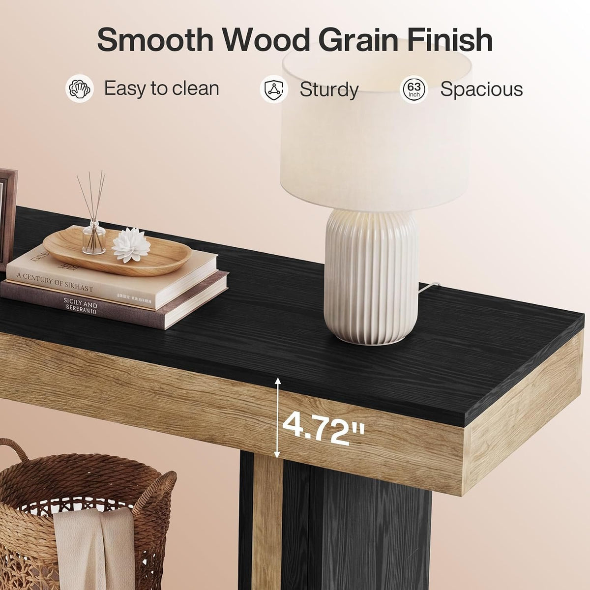 160 cm Black Console Table with 2-Tier Storage, Natural Wood Look