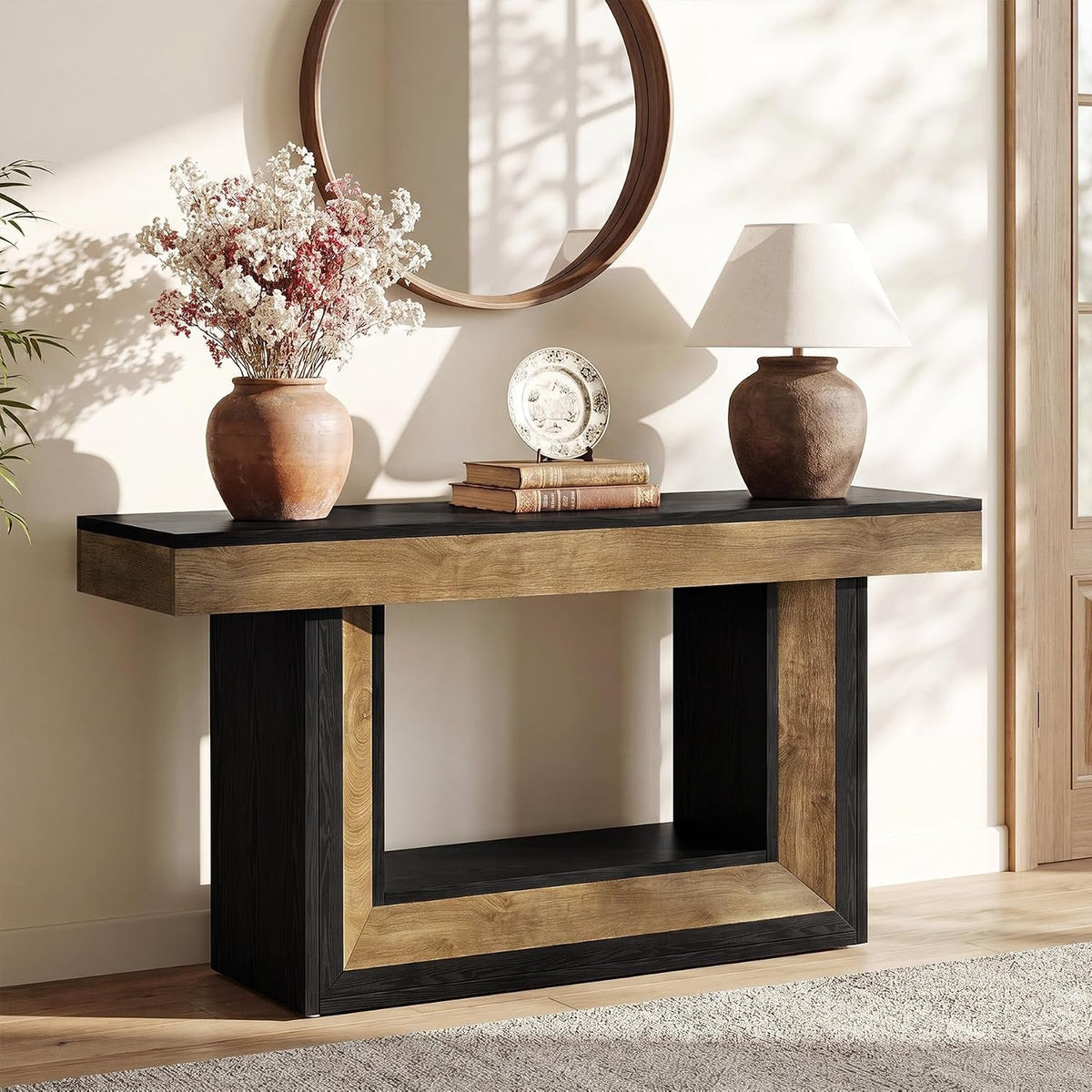 160 cm Black Console Table with 2-Tier Storage, Natural Wood Look