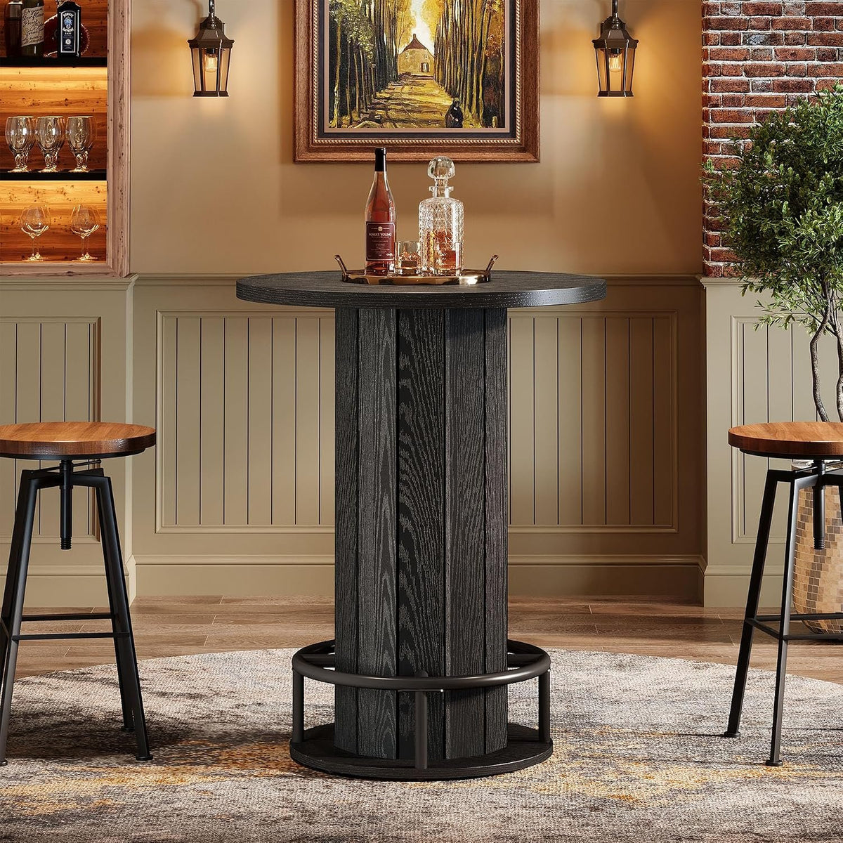 Round Bar Table for 2–4 People, Walnut Finish with Metal Footrest