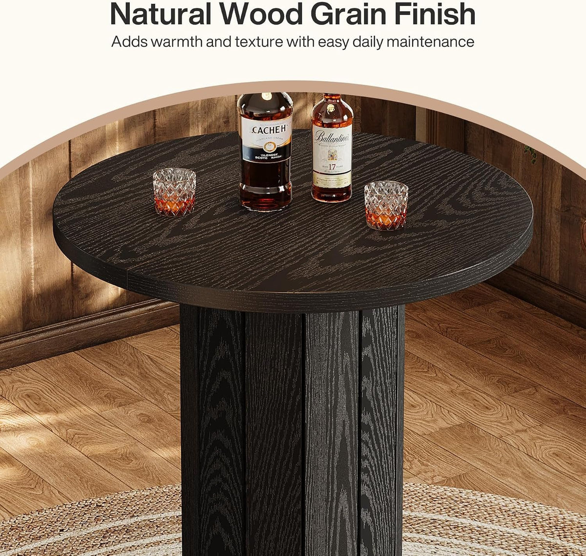 Round Bar Table for 2–4 People, Walnut Finish with Metal Footrest