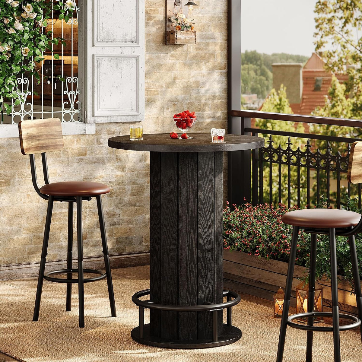 Round Bar Table for 2–4 People, Walnut Finish with Metal Footrest