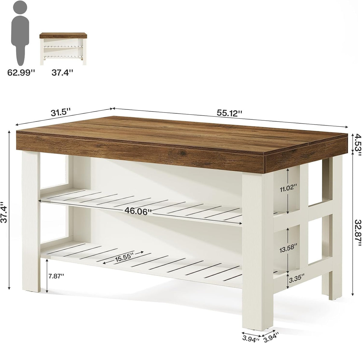Farmhouse Kitchen Island with 2-Tier Open Storage Shelves