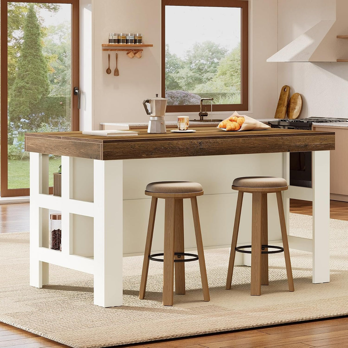 Farmhouse Kitchen Island with 2-Tier Open Storage Shelves