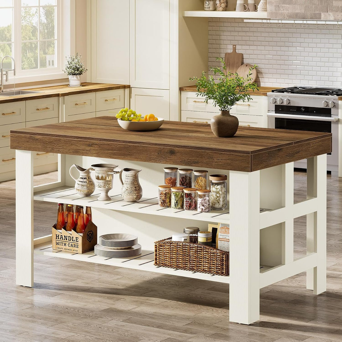 Farmhouse Kitchen Island with 2-Tier Open Storage Shelves