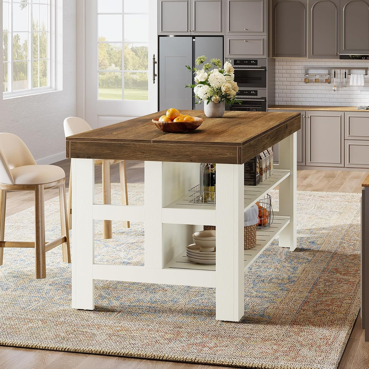 Farmhouse Kitchen Island with 2-Tier Open Storage Shelves