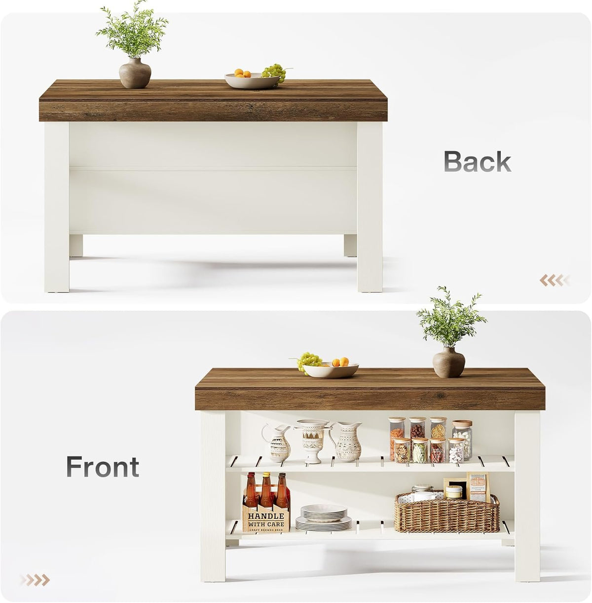Farmhouse Kitchen Island with 2-Tier Open Storage Shelves