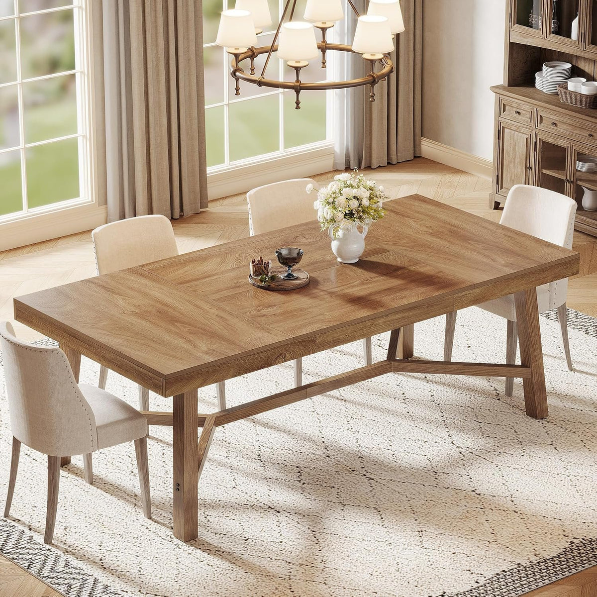 180 cm Dining Table for 6-8, Rustic Farmhouse Table with Metal Legs