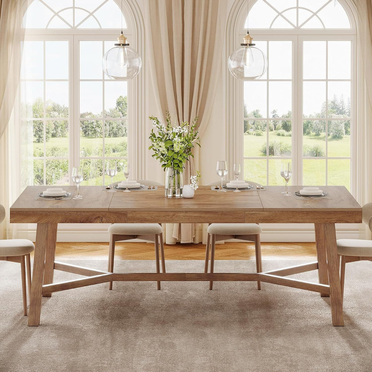 180 cm Dining Table for 6-8, Rustic Farmhouse Table with Metal Legs