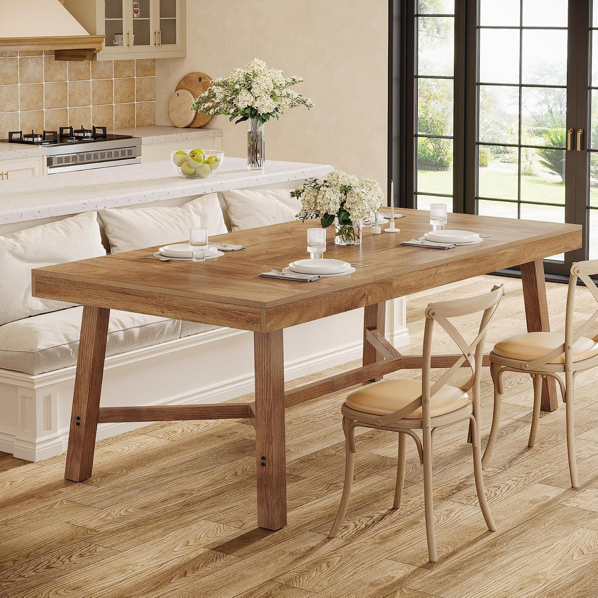 180 cm Dining Table for 6-8, Rustic Farmhouse Table with Metal Legs