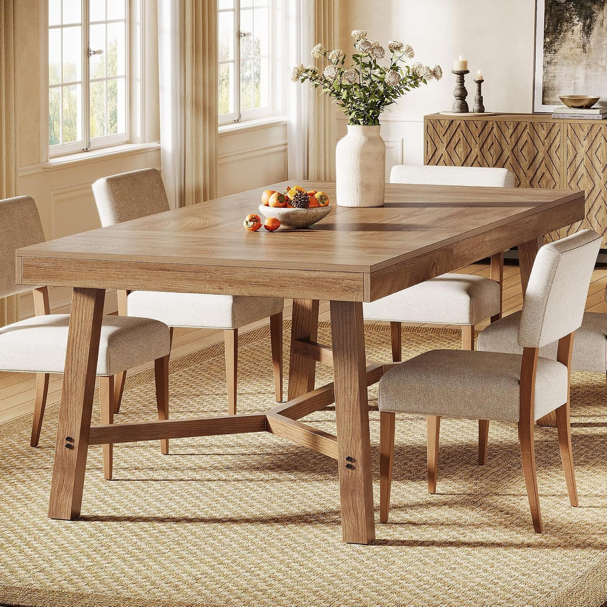 180 cm Dining Table for 6-8, Rustic Farmhouse Table with Metal Legs