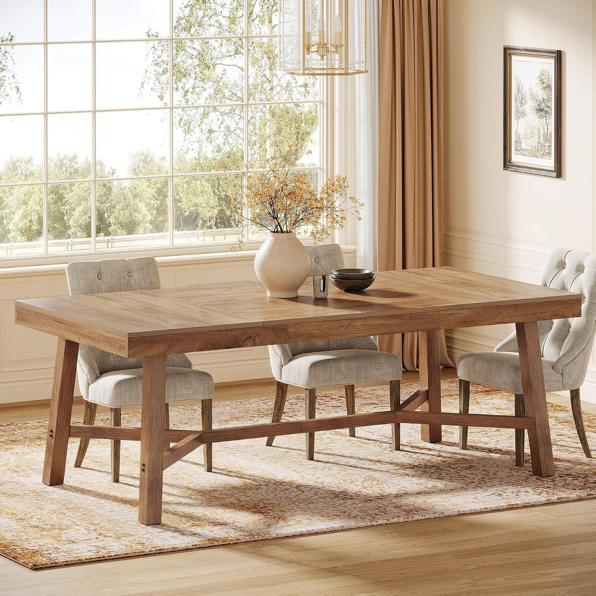 180 cm Dining Table for 6-8, Rustic Farmhouse Table with Metal Legs