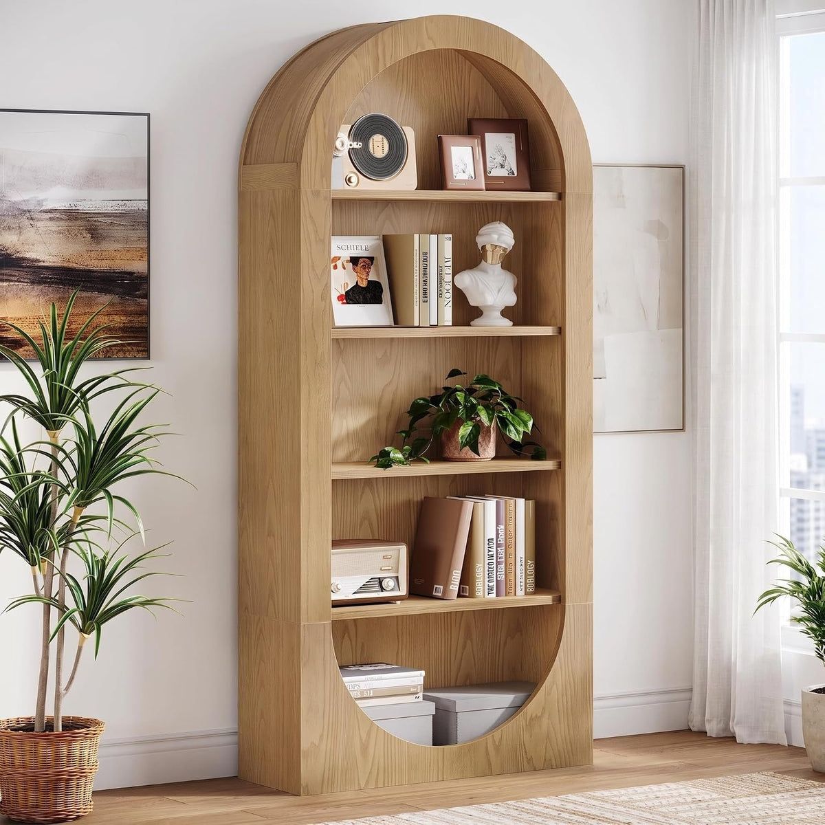 Arched Wooden Bookshelf, 5 Tier Open Display & Storage Shelf