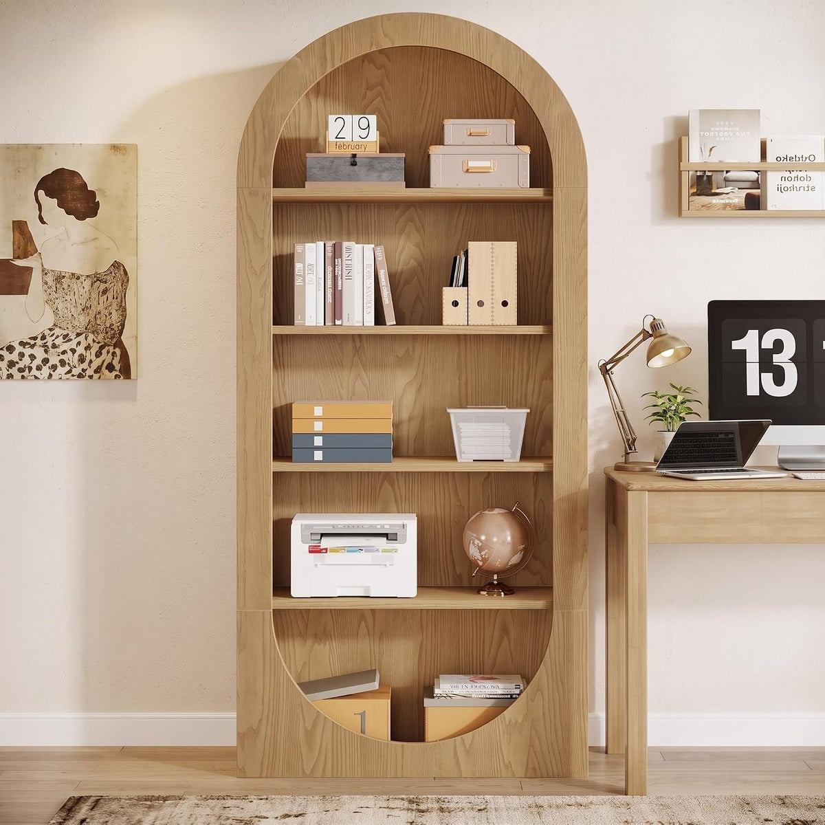 Arched Wooden Bookshelf, 5 Tier Open Display & Storage Shelf