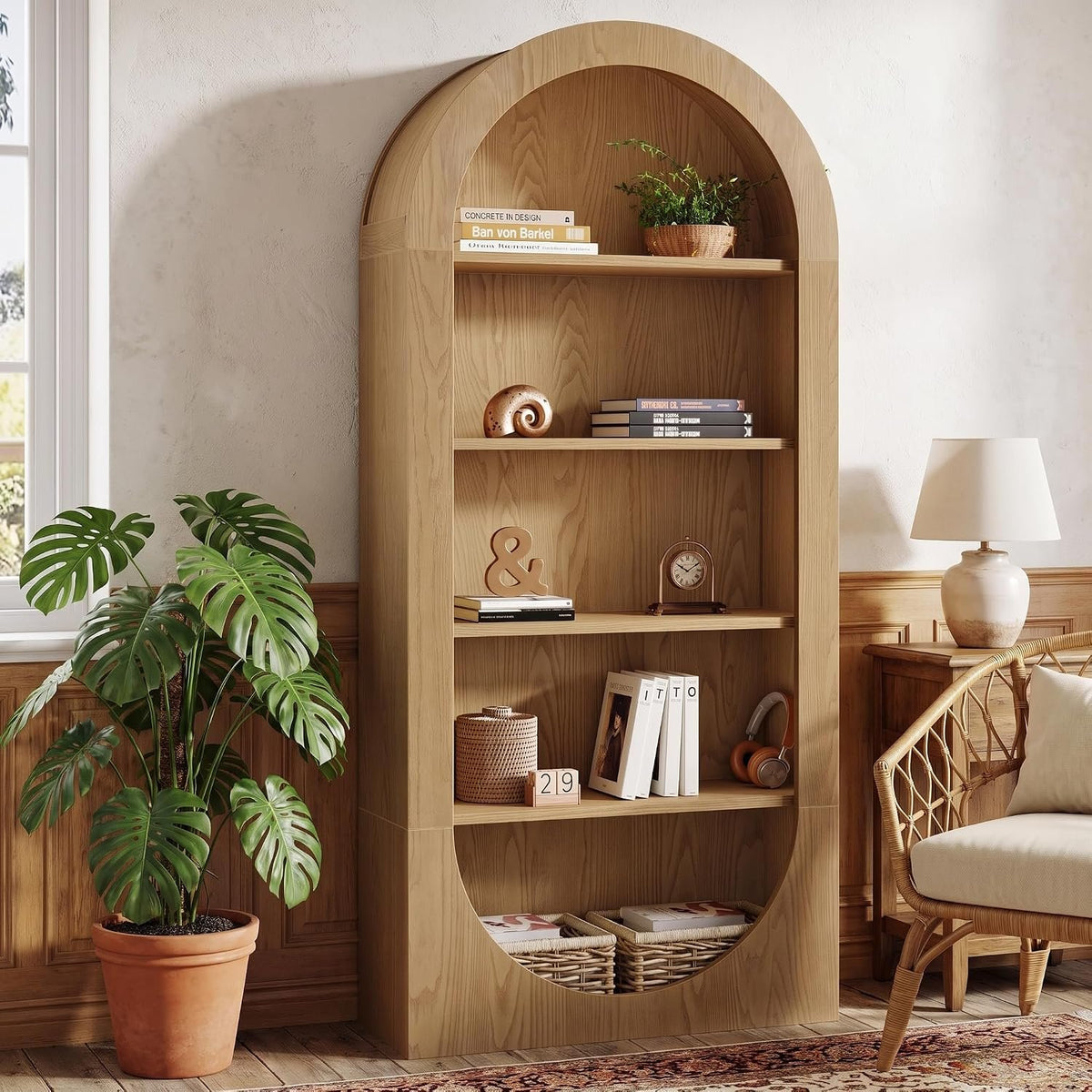 Arched Wooden Bookshelf, 5 Tier Open Display & Storage Shelf