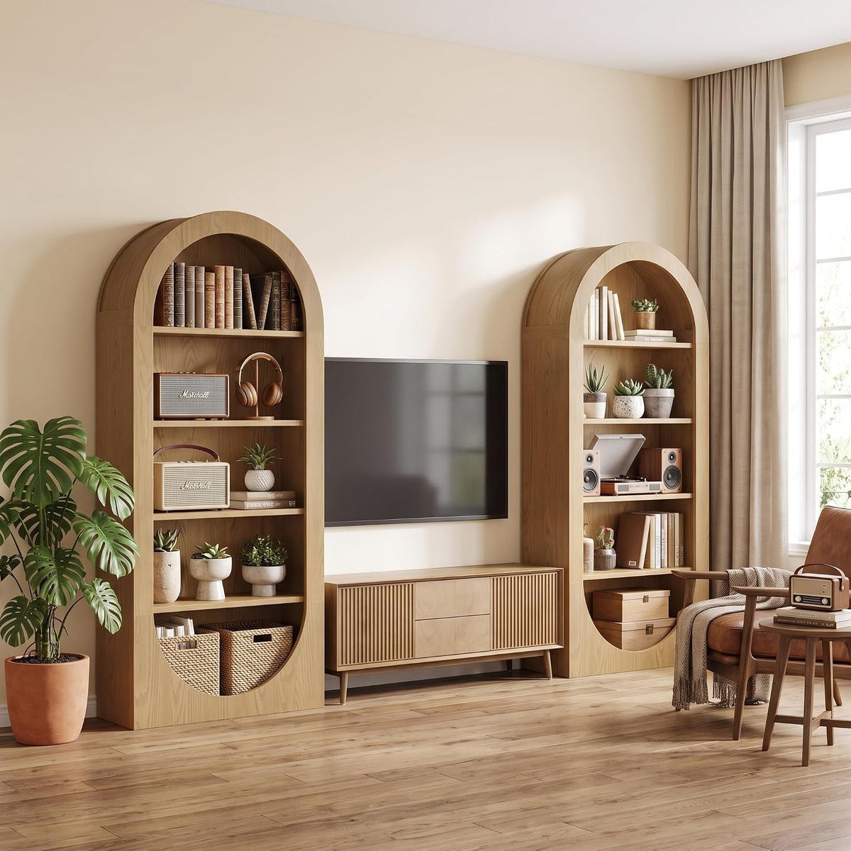 Arched Wooden Bookshelf, 5 Tier Open Display & Storage Shelf