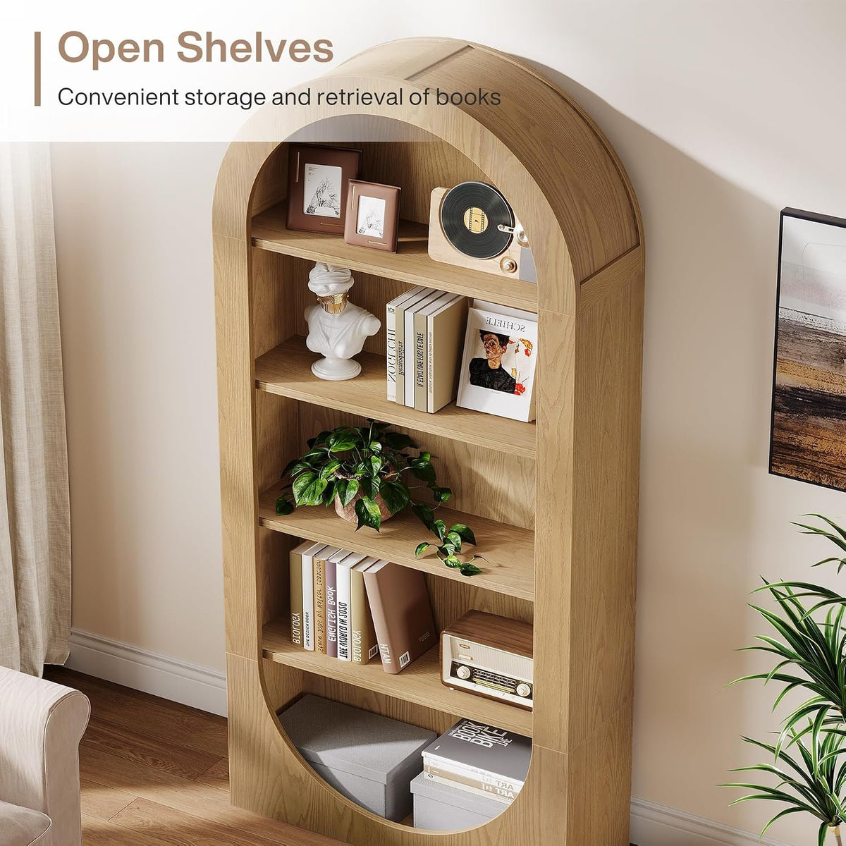 Arched Wooden Bookshelf, 5 Tier Open Display & Storage Shelf