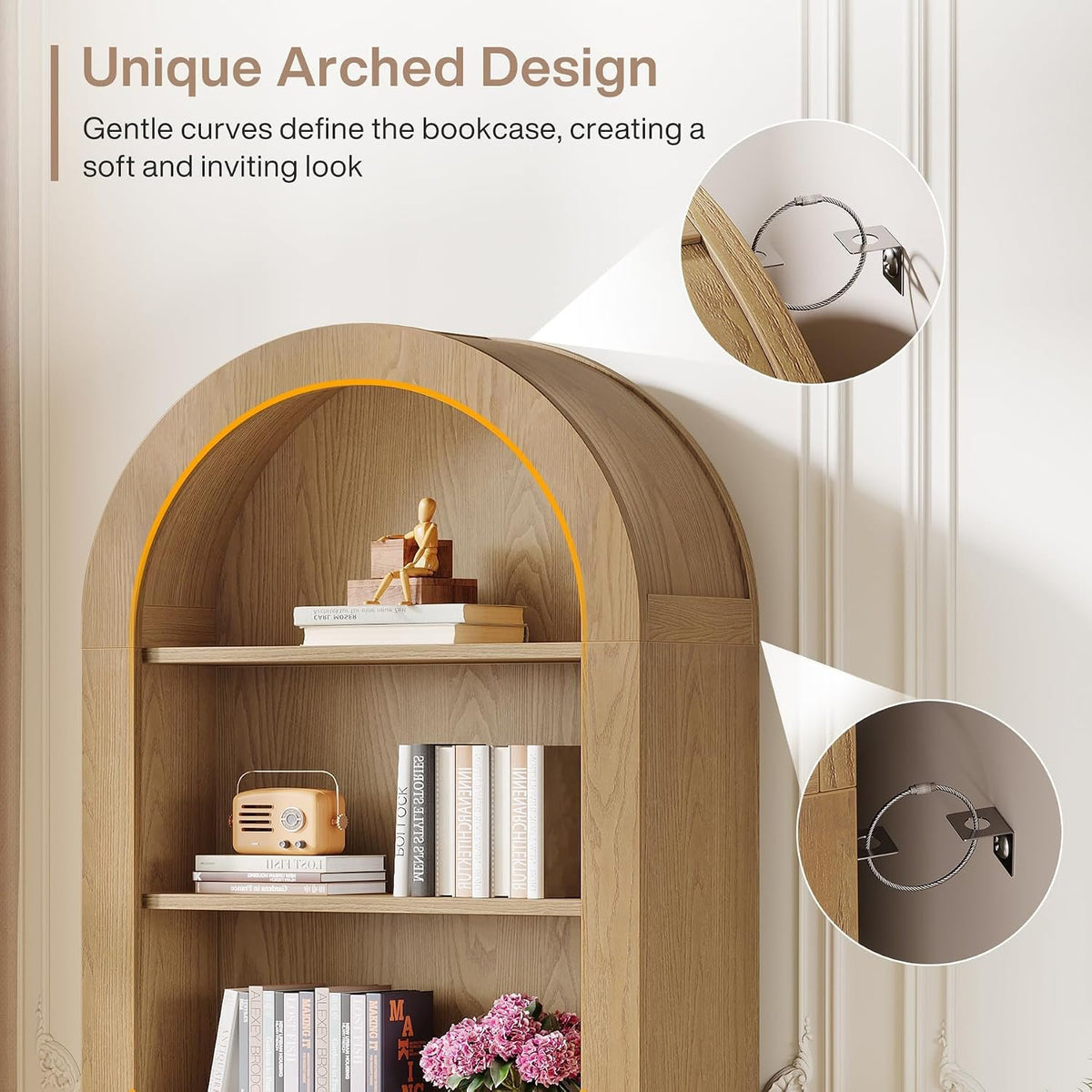 Arched Wooden Bookshelf, 5 Tier Open Display & Storage Shelf