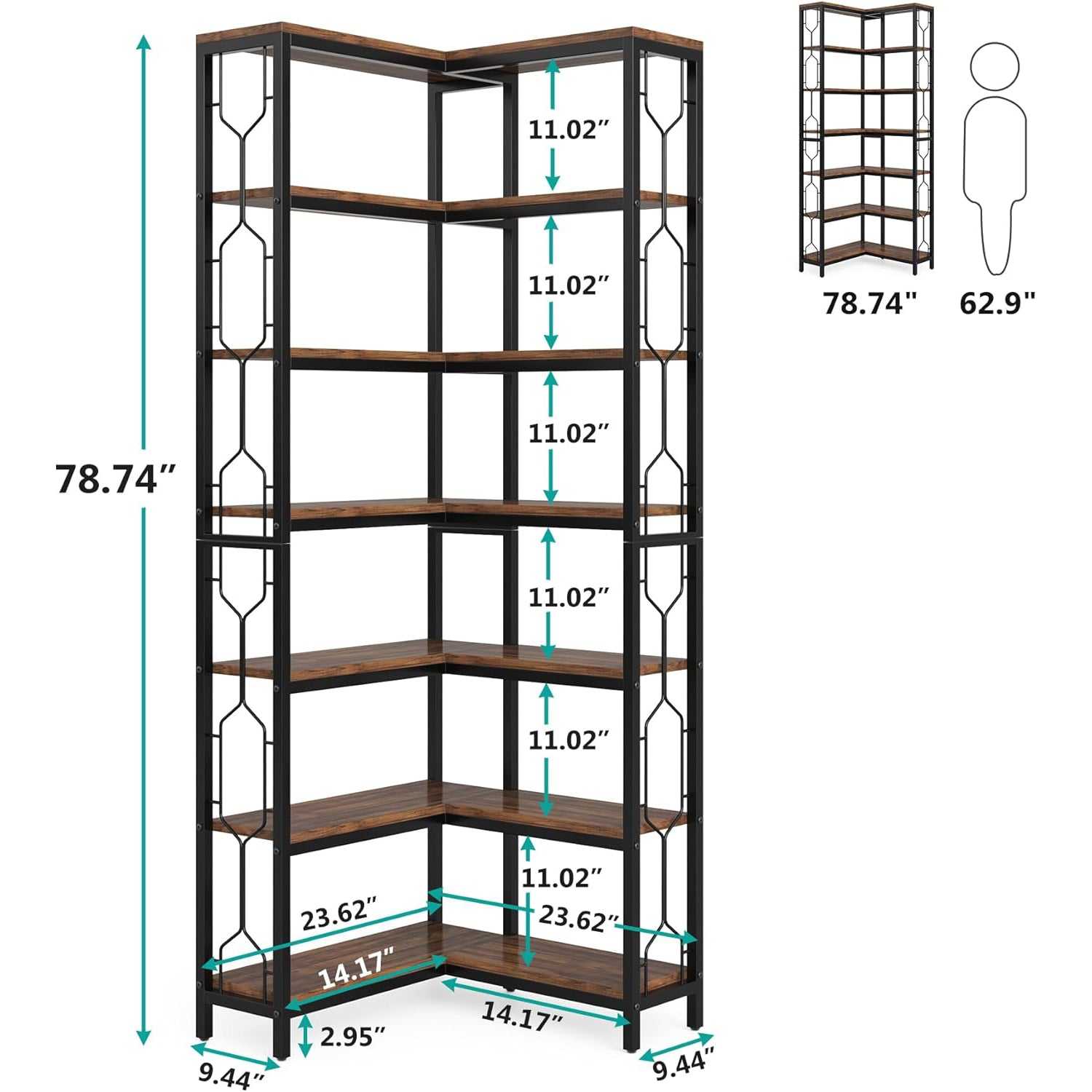 Corner Bookshelf, 7-Tier Industrial Corner Etagere Bookcase Tribesigns