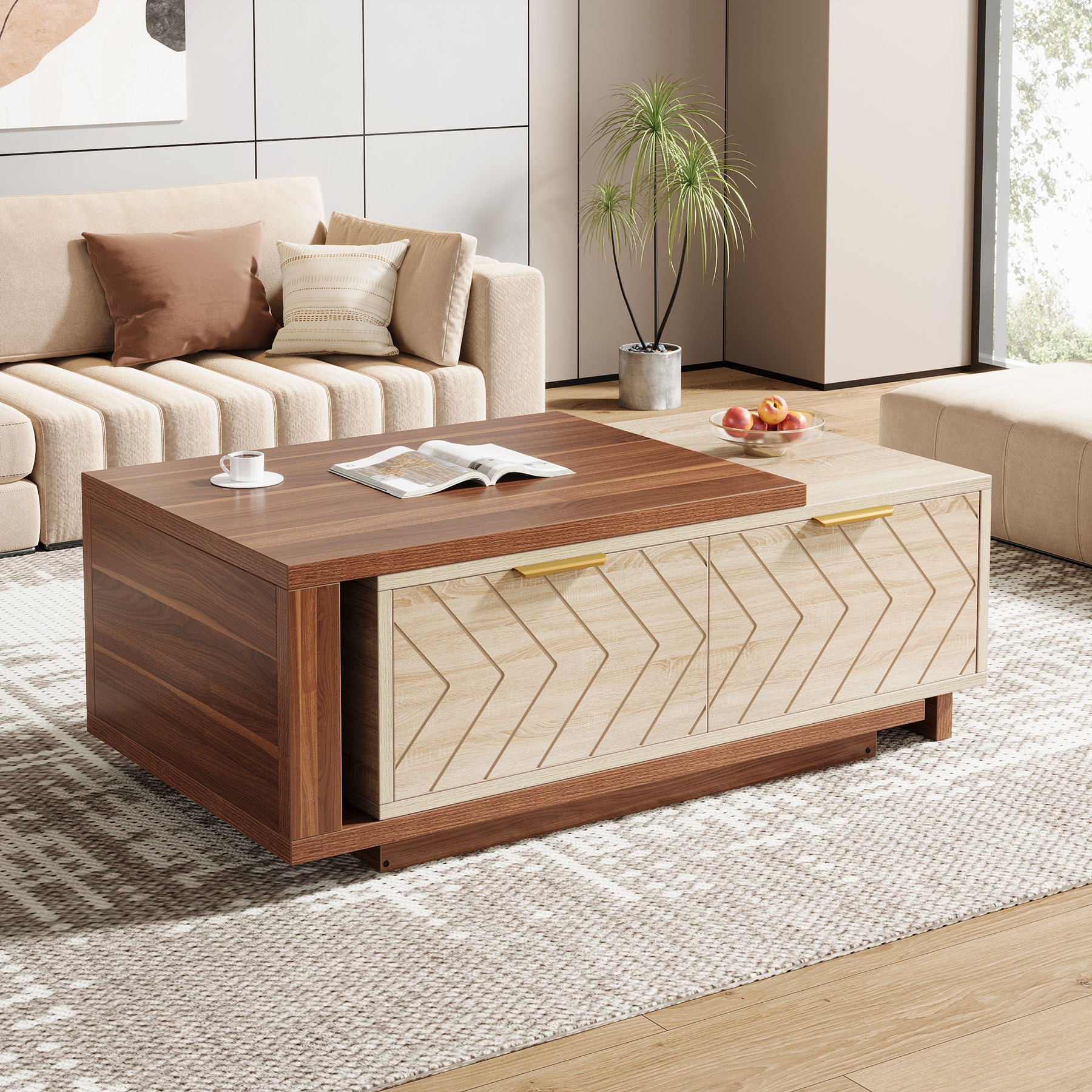 Extendable Coffee Table, Center Table Cocktail Table with 2 Storage Drawers