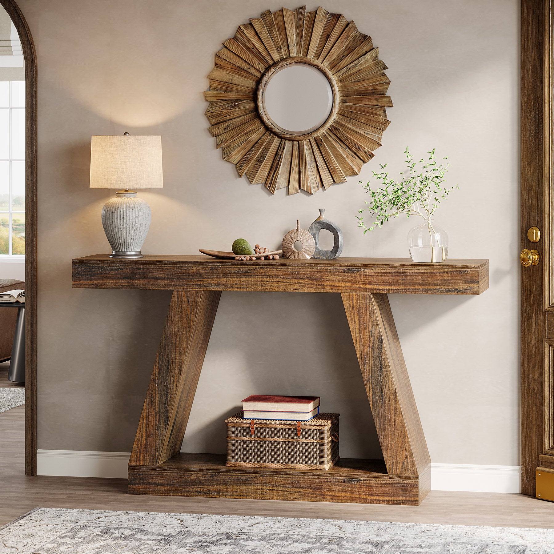 Farmhouse Console Table, 55" Sofa Table with Unique Storage Frame
