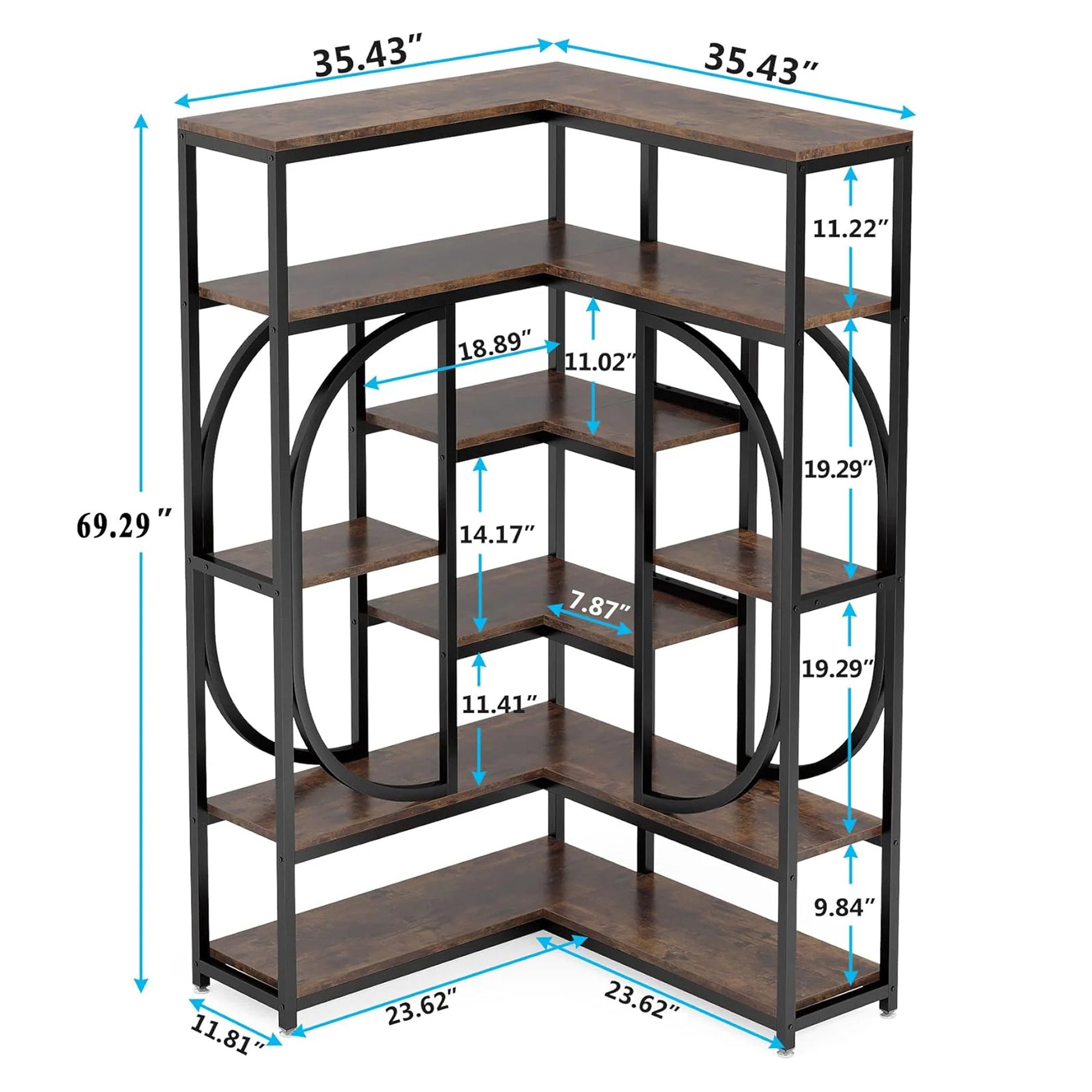 176cm L-Shaped Bookshelf, Modern Corner 7-Shelf Bookshelf Display Rack