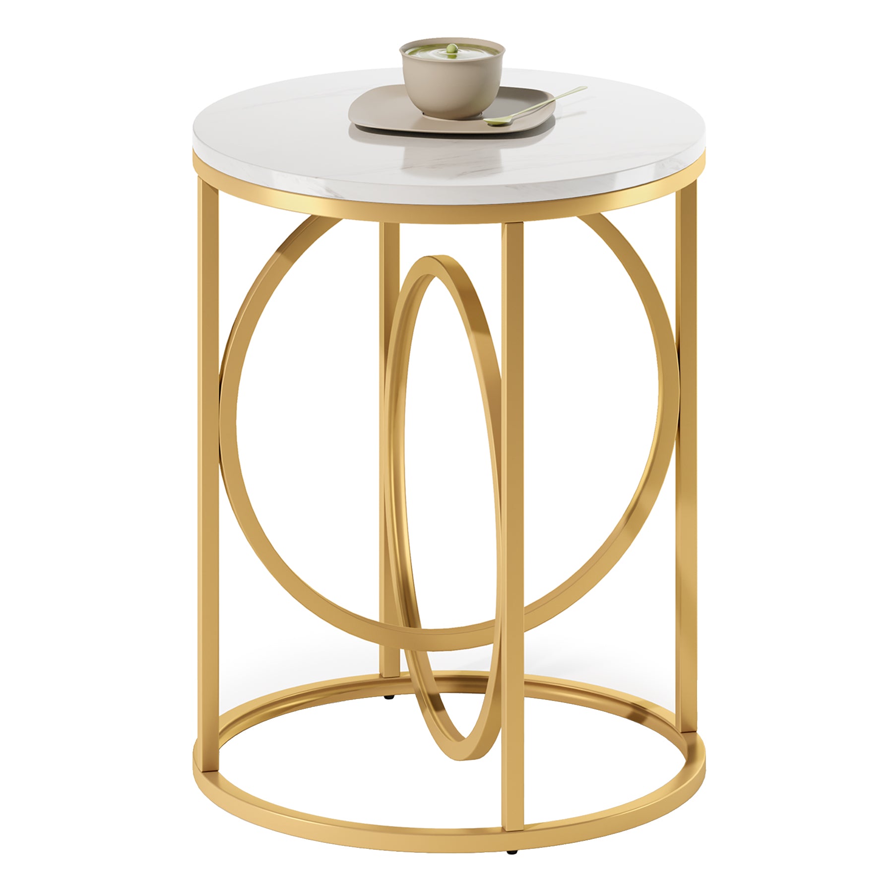 Round Side Table, Modern Sofa Side Table with Faux Marble Top