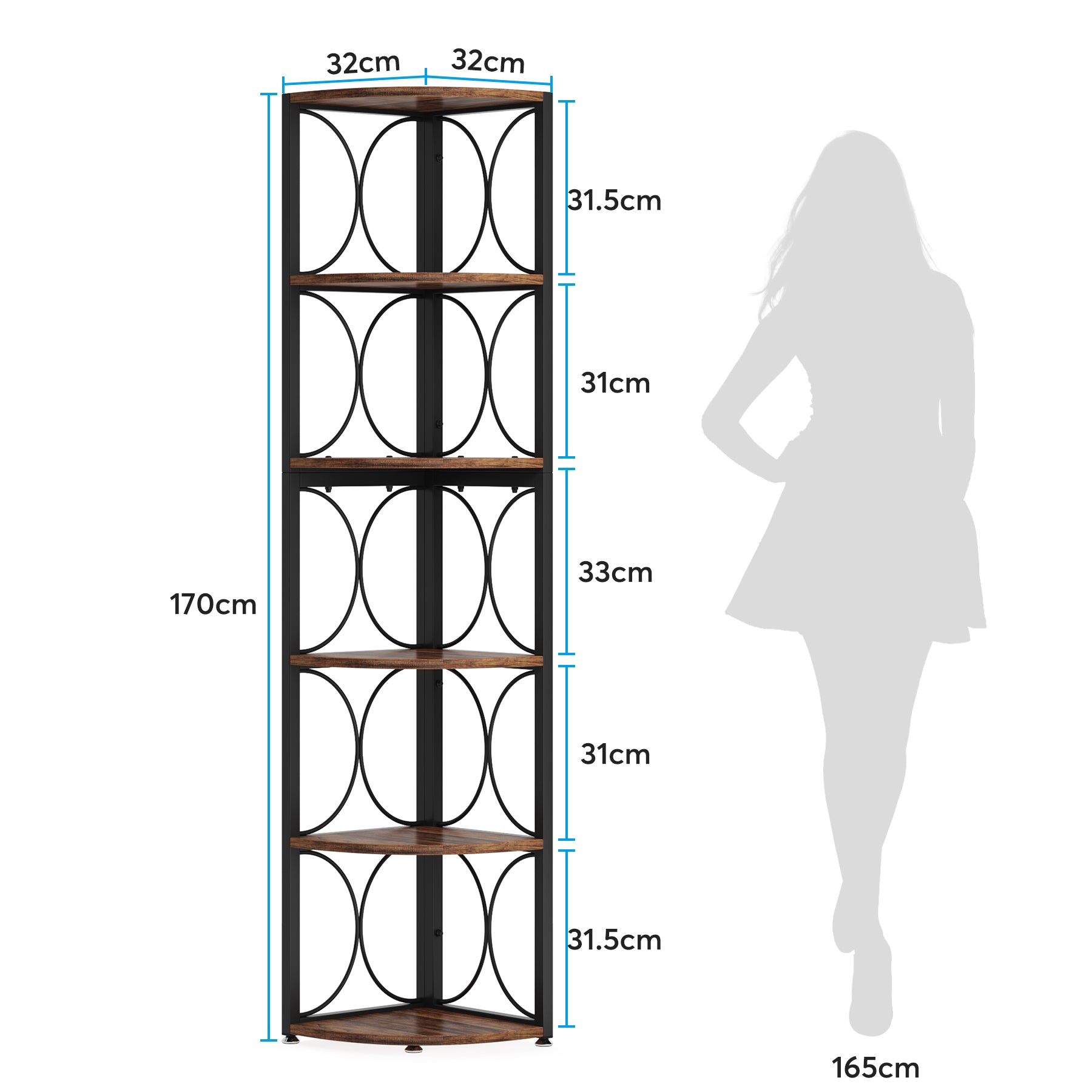 6-Tier Corner Shelf, 170cm Corner Bookshelf Shelving Unit