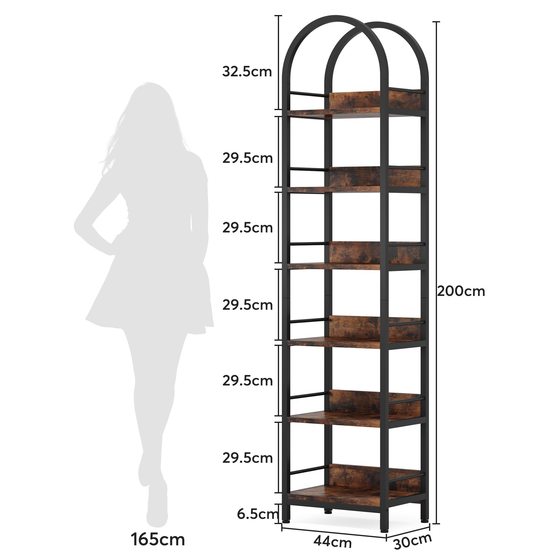 6-Tier Bookshelf, 78.7" Narrow Bookcase Arched Display Shelf