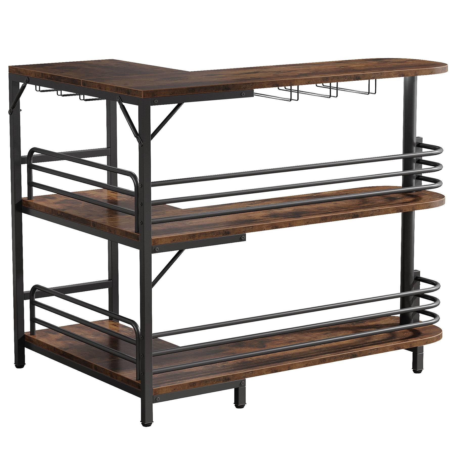 Bar Unit, 3 Tier L-Shaped Liquor Bar Table with Wine Glasses Holder Tribesigns