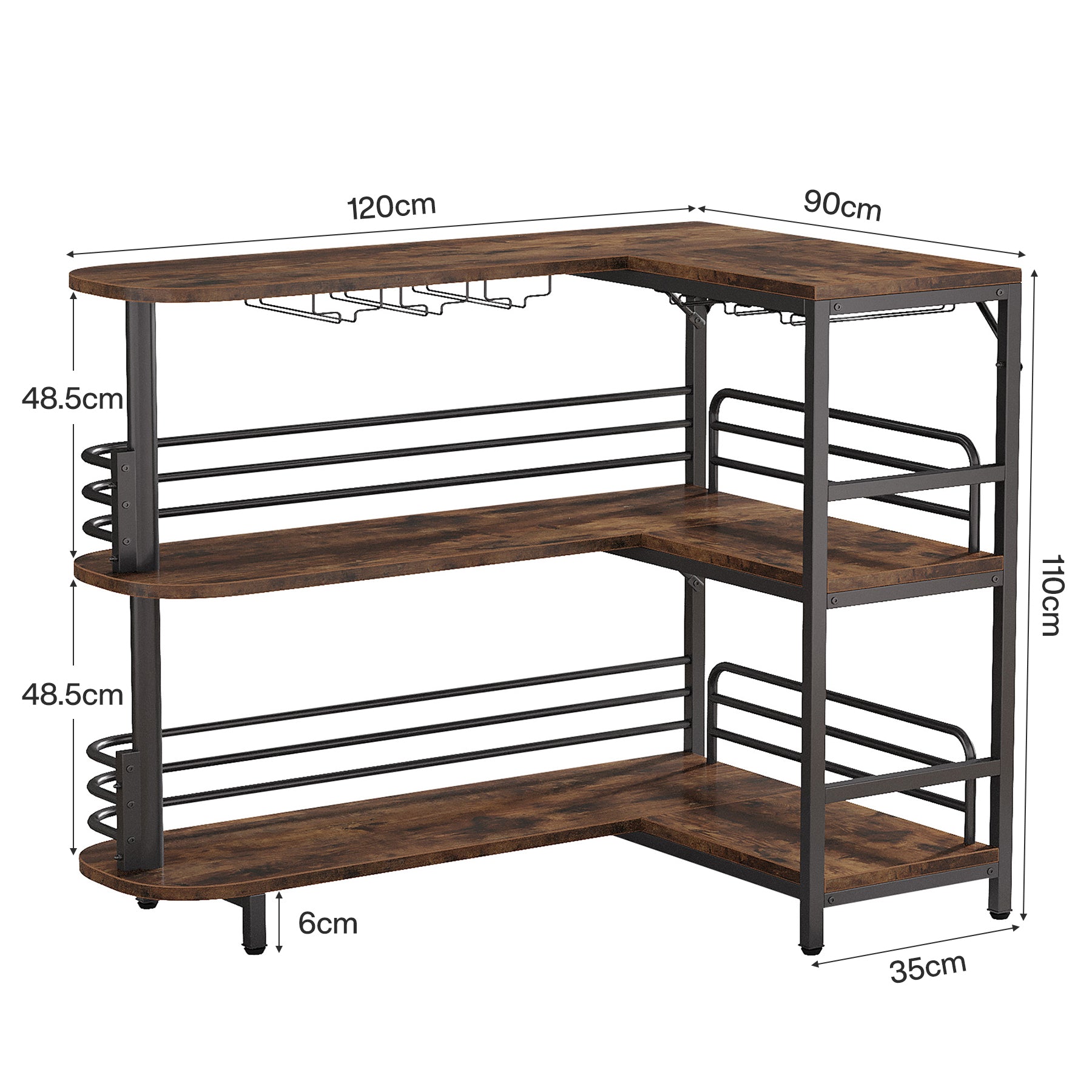 L-Shaped Bar Table, 3 Tier Liquor Bar Table with Wine Glasses Holder