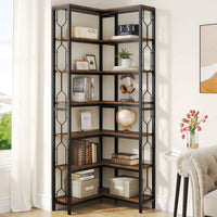 Corner Bookshelf, 7-Tier Industrial Corner Etagere Bookcase Tribesigns#Colour_Brown