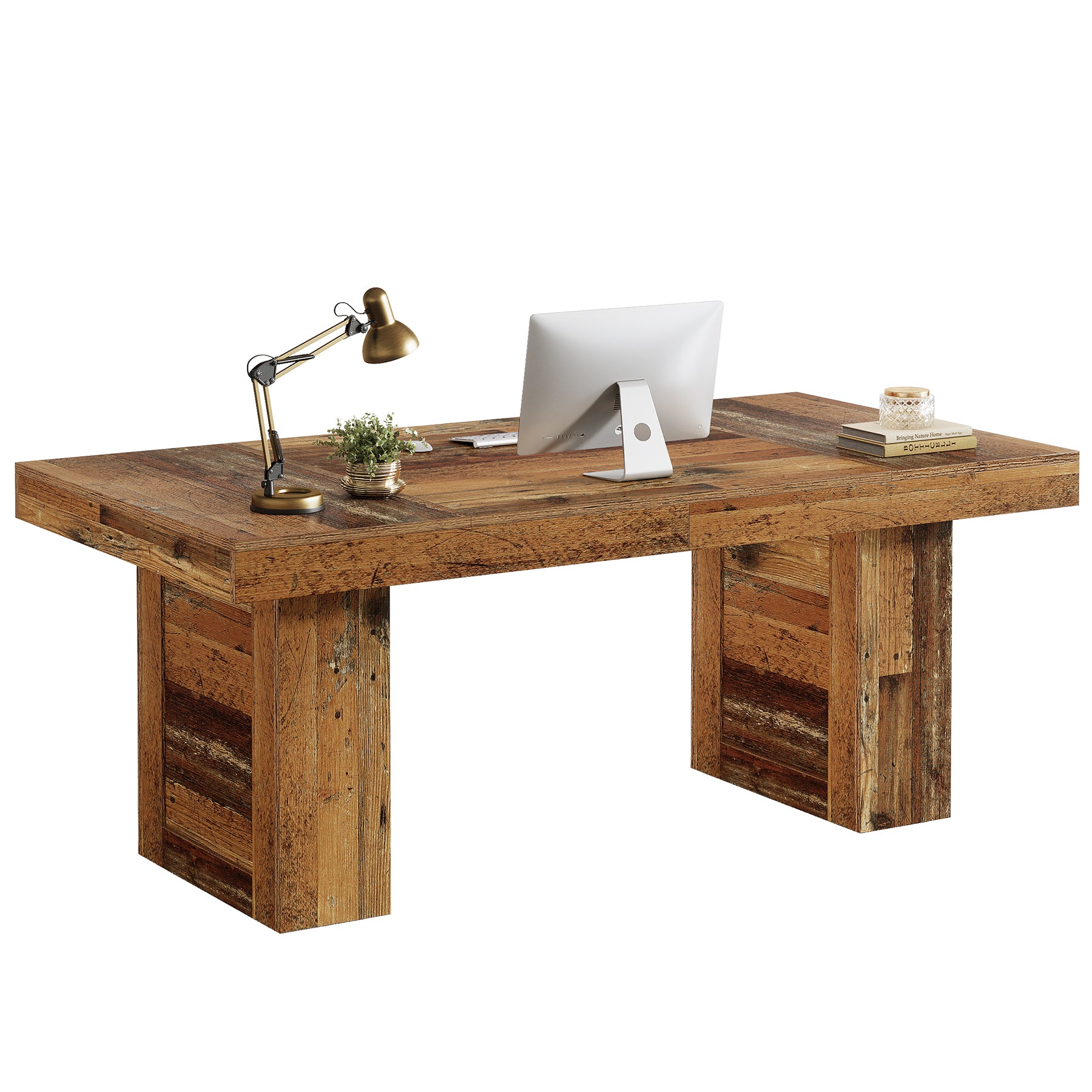 160 cm Farmhouse Executive Desk, Large Wooden Office Desk with Heavy-Duty Legs for Home Office