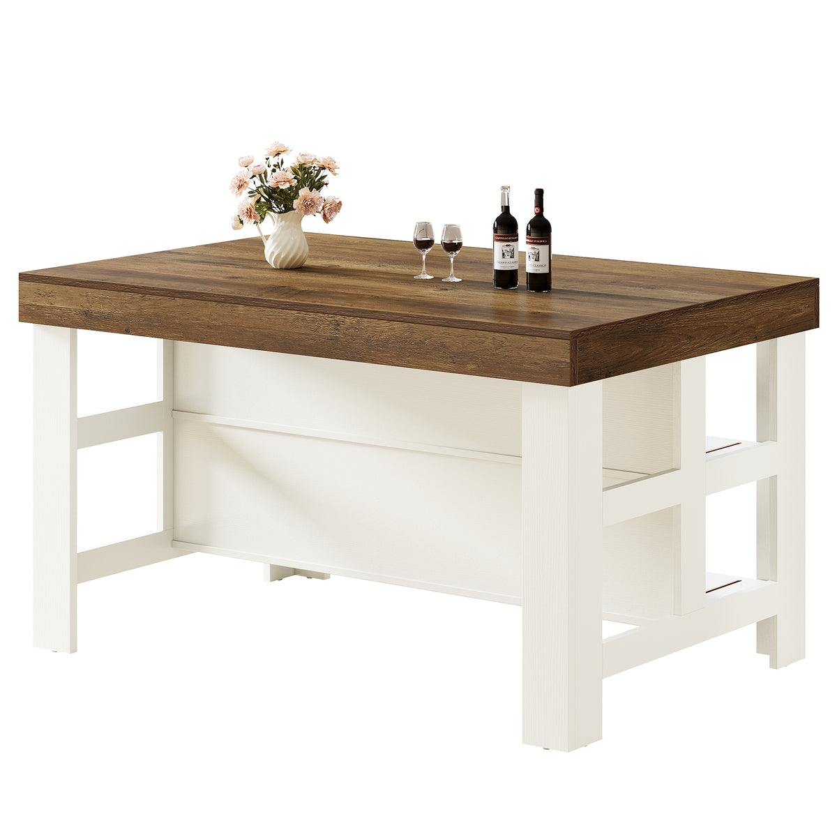 Farmhouse Kitchen Island with 2-Tier Open Storage Shelves