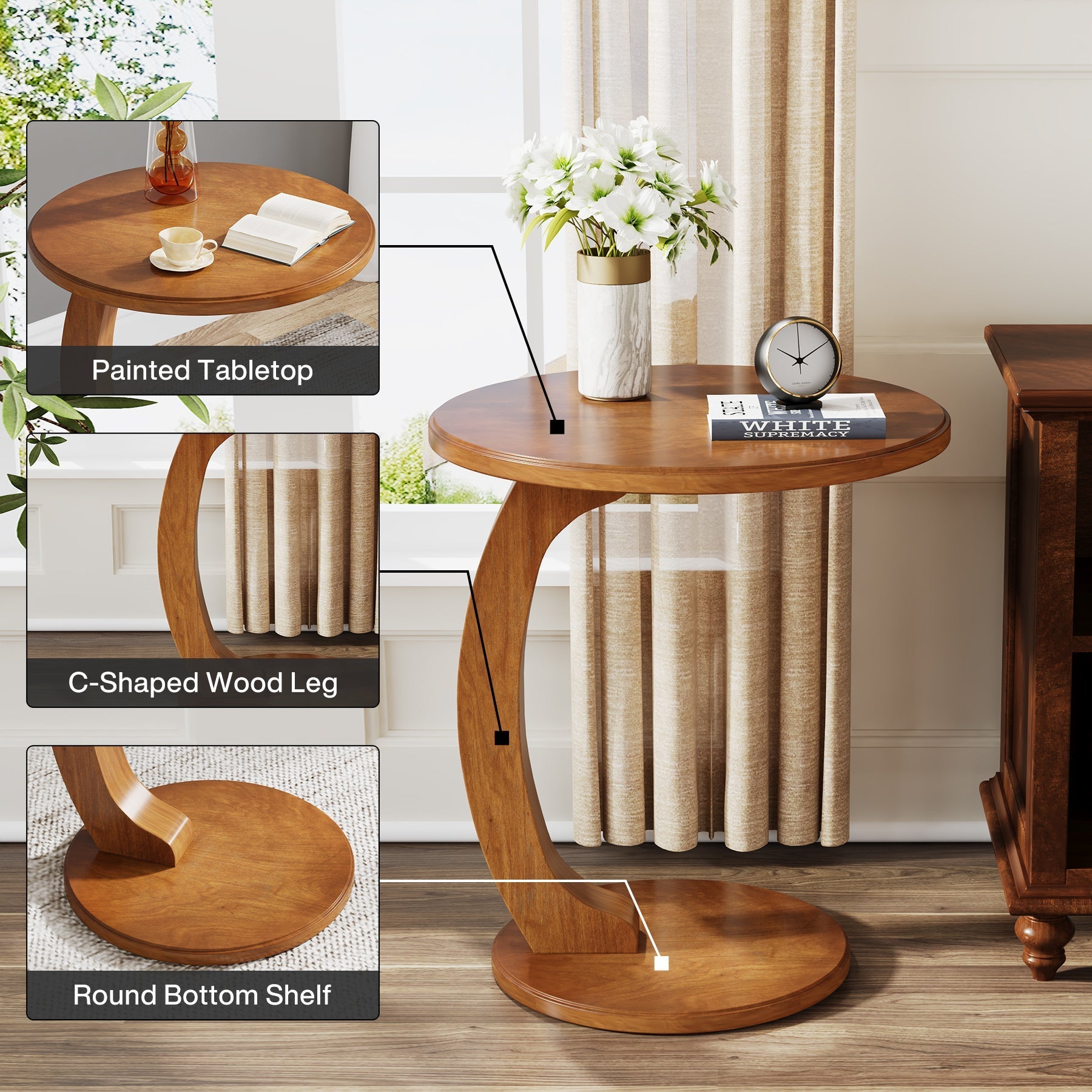 C - Shaped End Table, Round Solid Wood Side Table for Living Room Tribesigns