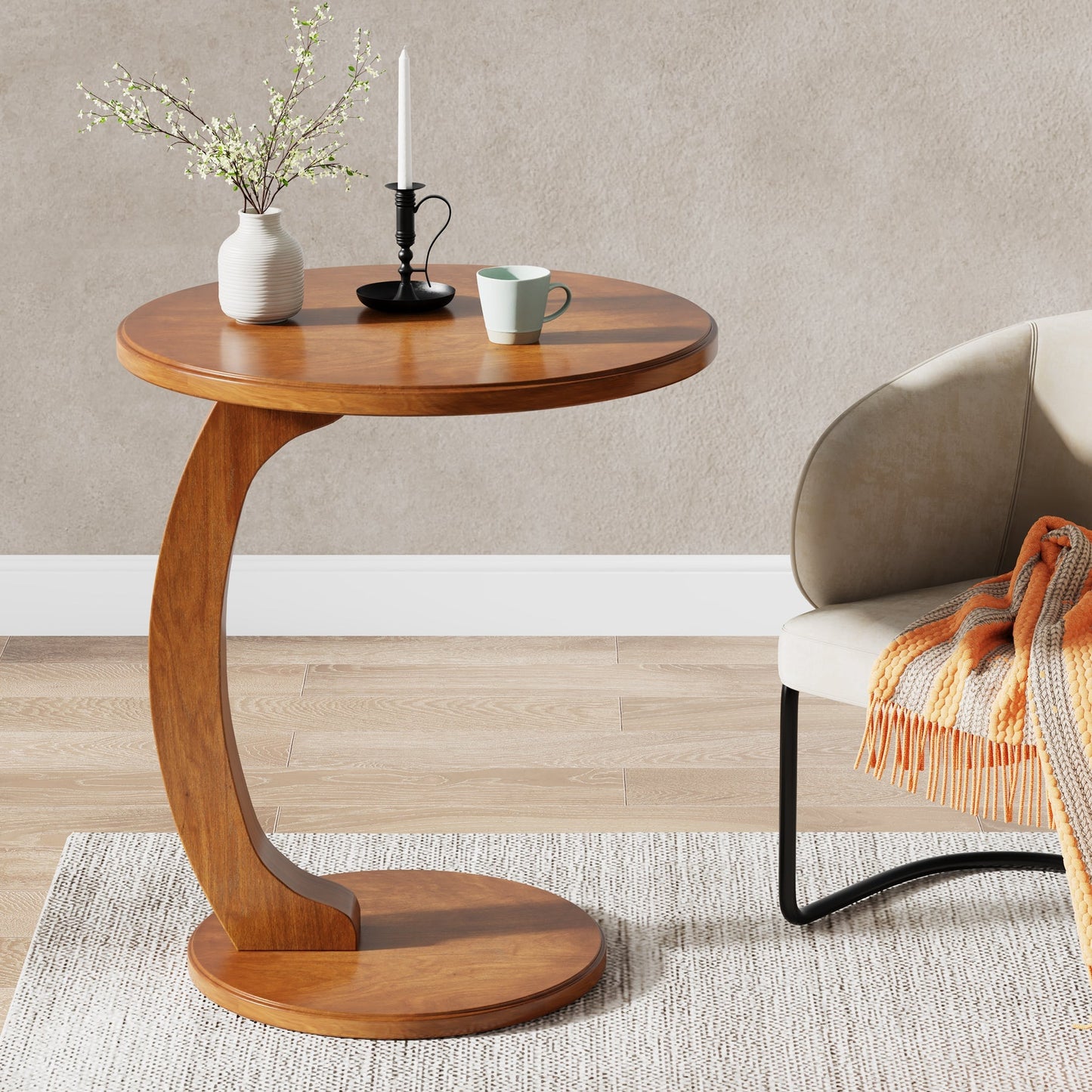 C - Shaped End Table, Round Solid Wood Side Table for Living Room Tribesigns