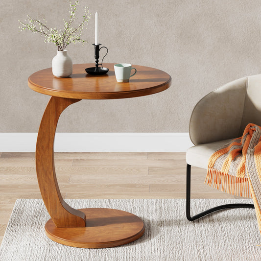 C - Shaped End Table, Round Solid Wood Side Table for Living Room Tribesigns