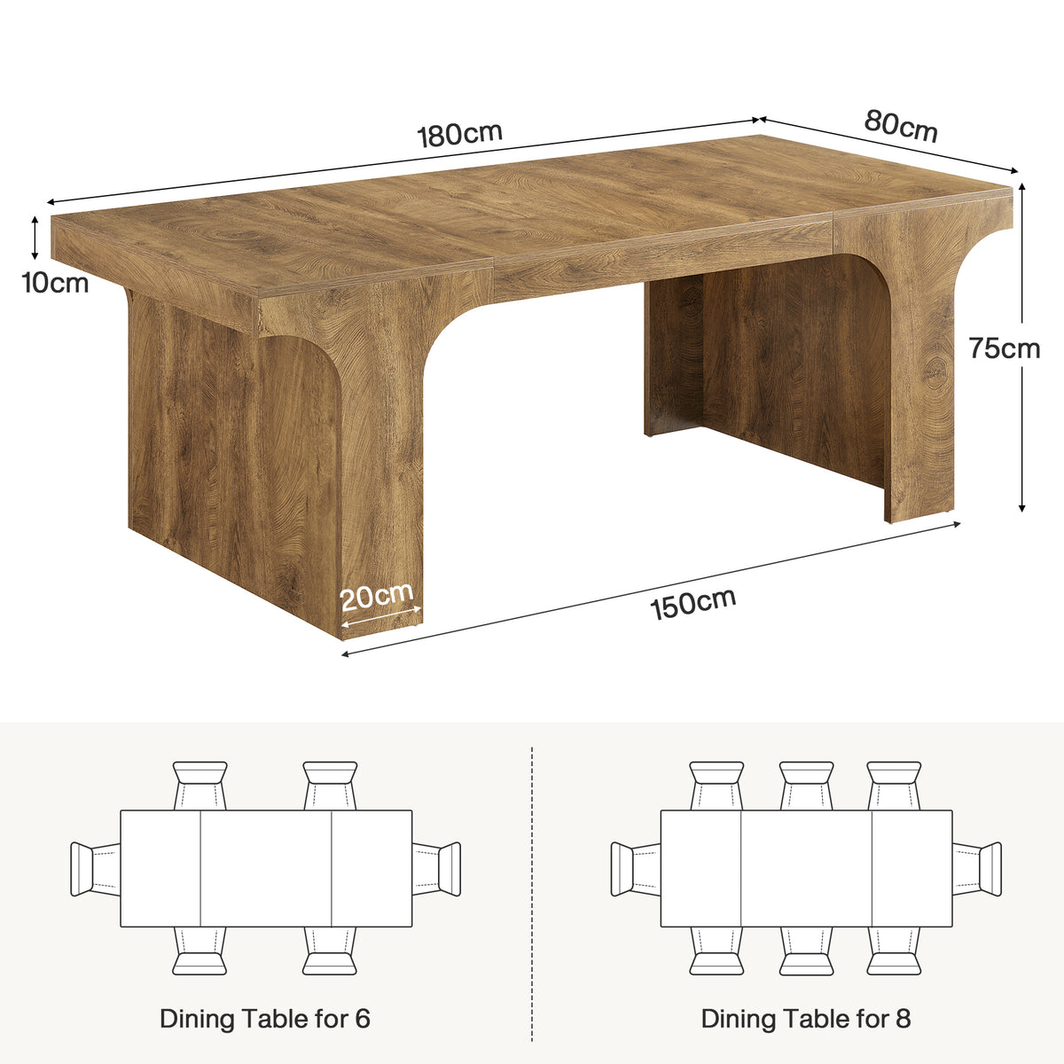 180 cm Dining Table for 6-8, Modern Wood-Look Dining Table