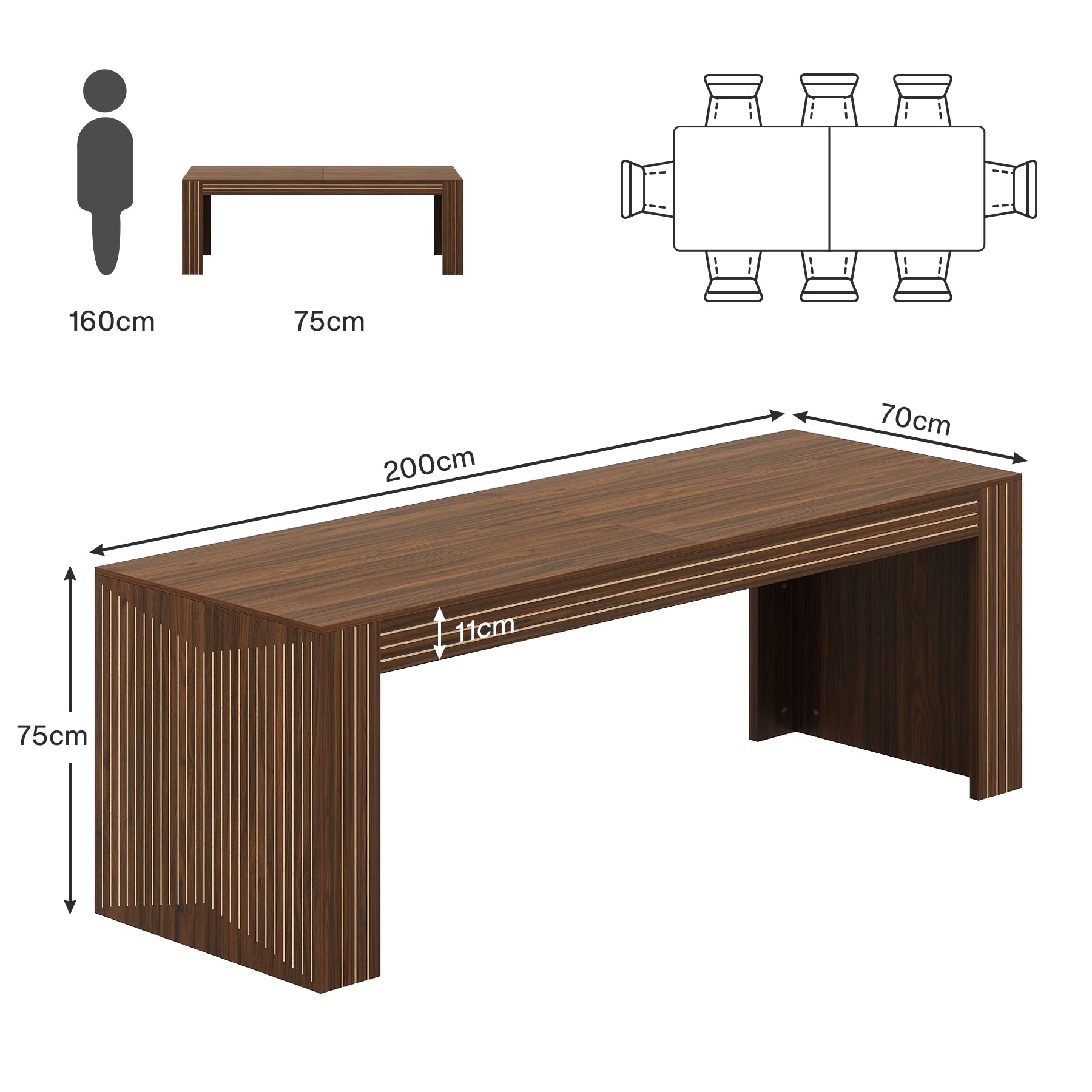 200cm Large Walnut Dining Table for 6-8, Rectangular Modern Farmhouse Table with Heavy-Duty Pedestal