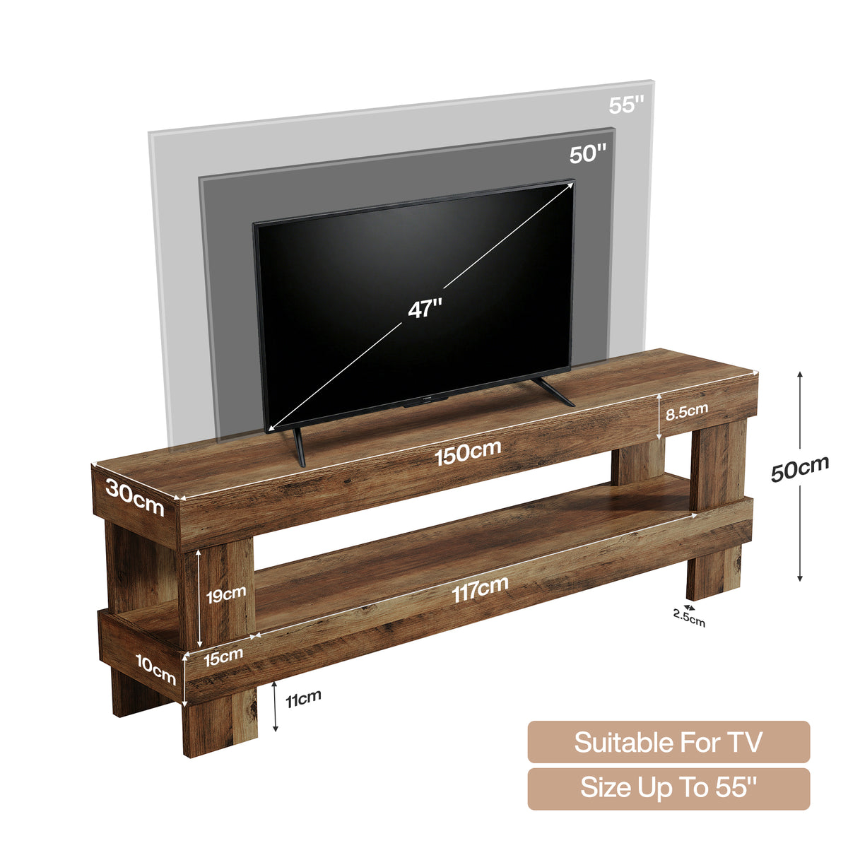 150 cm TV Stand with Open Storage Shelf, Farmhouse Brown Entertainment Unit
