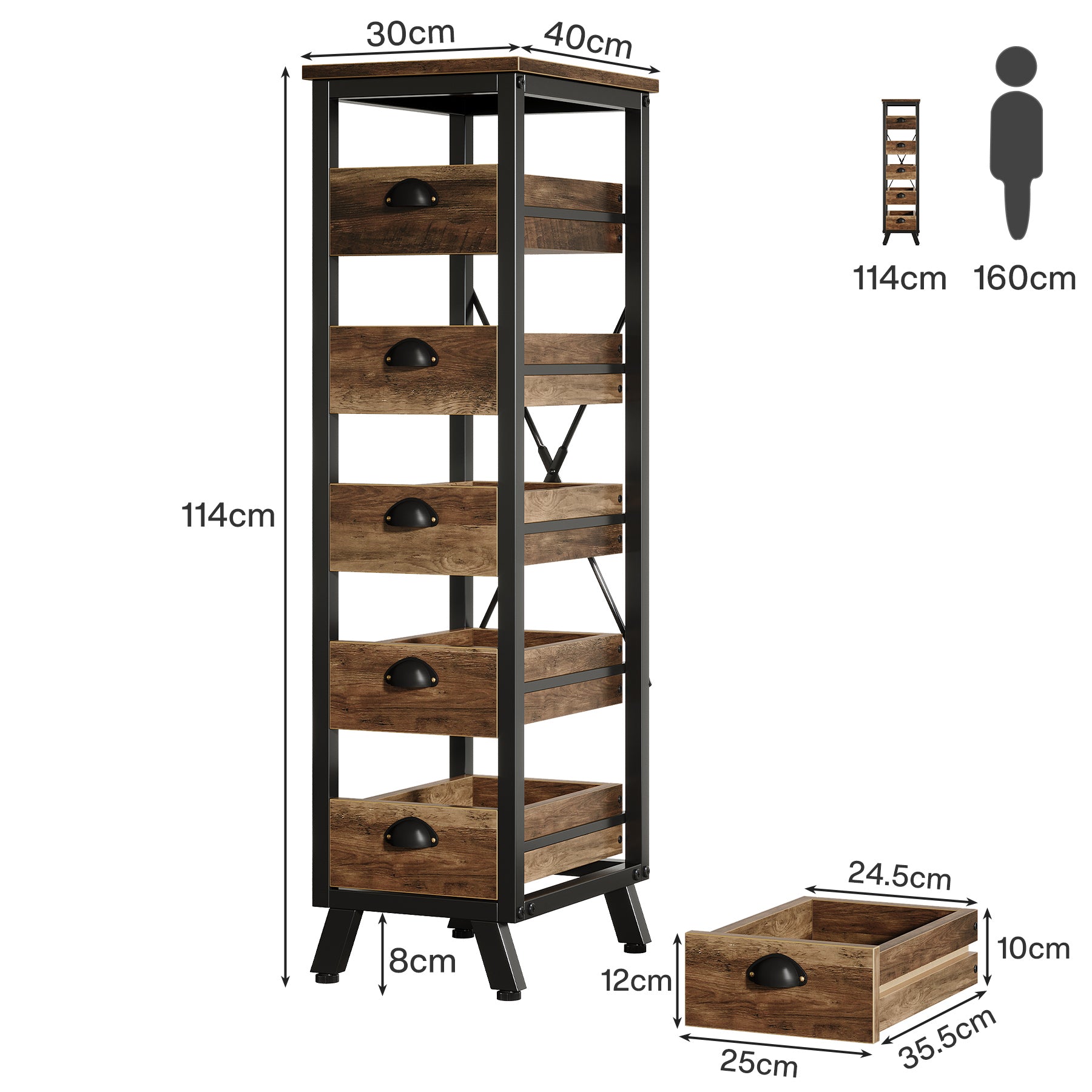 5-Tier Wooden Basket Stand, Set of 2 Narrow Pull-Out Kitchen Storage Organisers