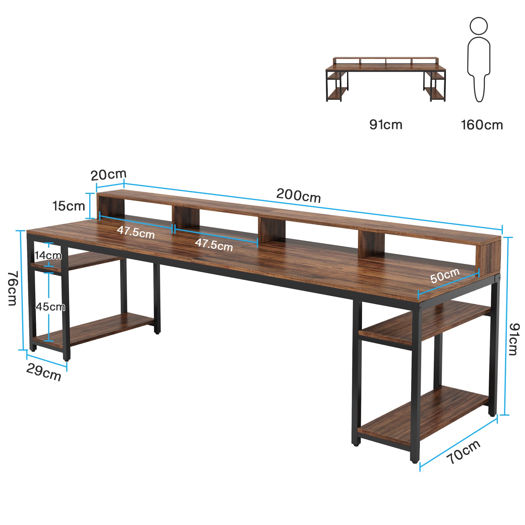 200 cm Two-Person Desk, Long Computer Desk with Monitor Stand and Storage Shelves
